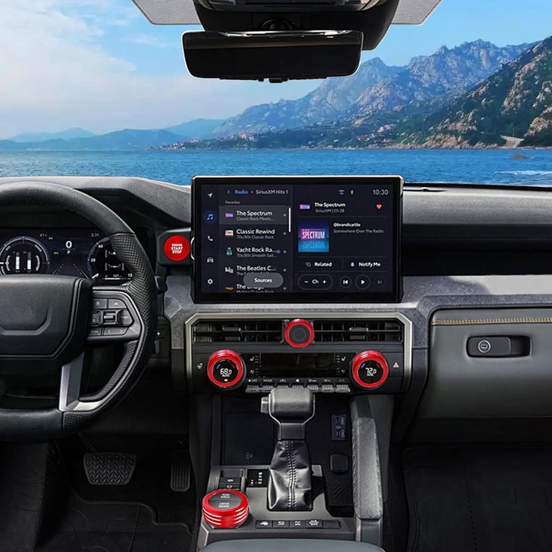 HDUFC For Toyota Tacoma 2024 2025/4Runner/4Runner Hybrid 2025 One Touch Start, Screen Center Console Button Knob Cover Ring Air Conditioner AC Switch Audio Aluminum Alloy Parts 6pcs (14-inch screen, red) - Image 5